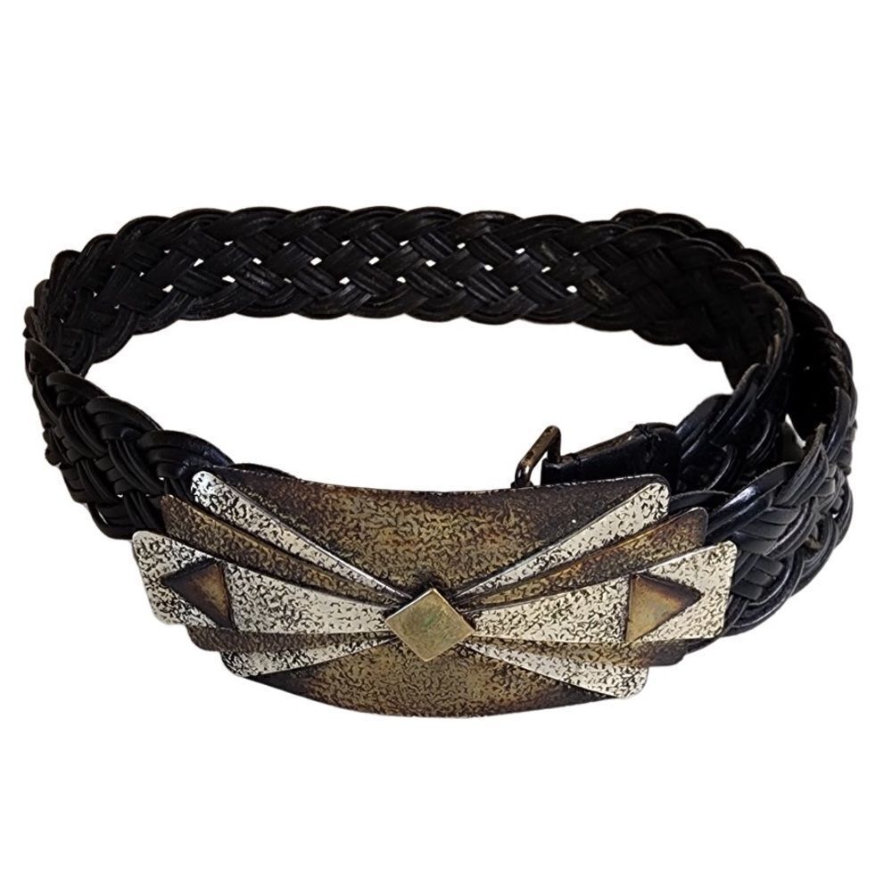Chico’s- Black Braided Leather Ornate Rising Sun Big Buckle Medallion Belt, S/M